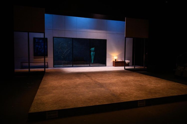 Empty set including marble/stone effect floor and wall panelling and a large glass window showing a leafless tree and green stone greek statue of a woman's body